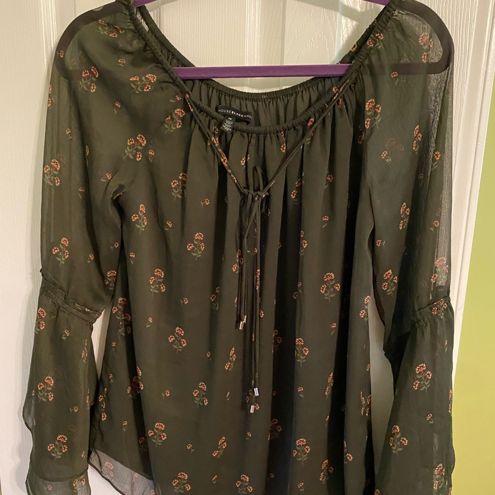 White House Black Market Olive Floral Blouse